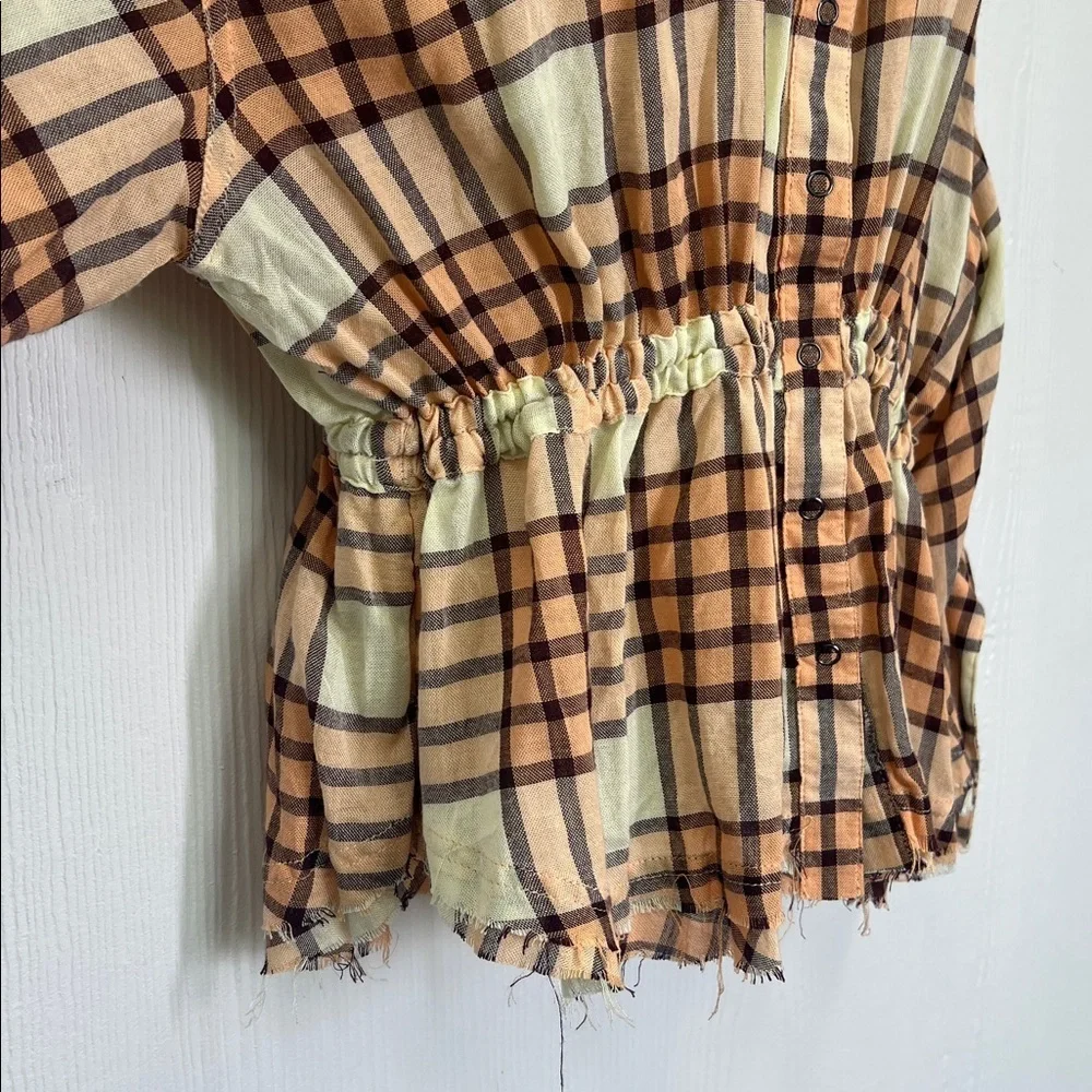Free People - Pacific Dawn Peach And Cream Plaid Cinched Back Blouse Size Small